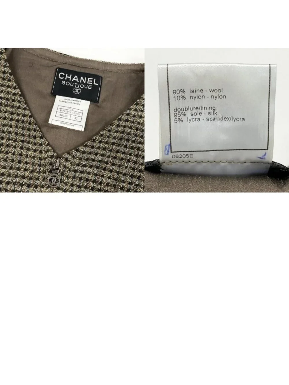 Chanel Front Zip Tweed Dress CC Logo Brown Black Wool Lycra